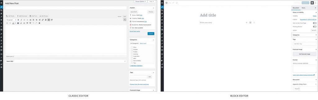 Side-by-side comparison of the WordPress classic editor on the left and Gutenberg on the right.