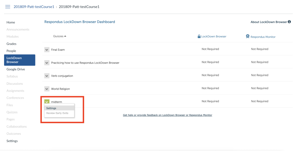 Accessing assessment-specific settings for LockDown Browser