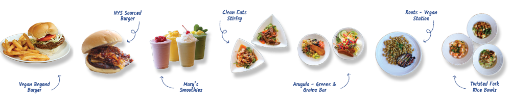 vegan beyond burger, NYS sourced burger, clean eats stirfry, arugula - greens and grains bar, roots- vegan station, twisted fork rice bowls.