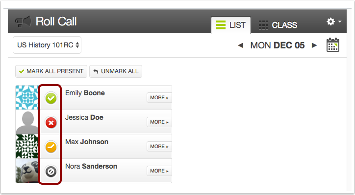 Roll Call Attendance Tool interface.