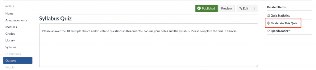 Identifies the option to "moderate quiz" within the quiz in question.