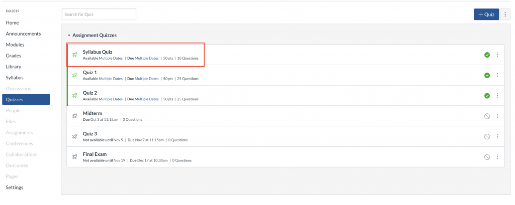 View of all quizzes in a Canvas course