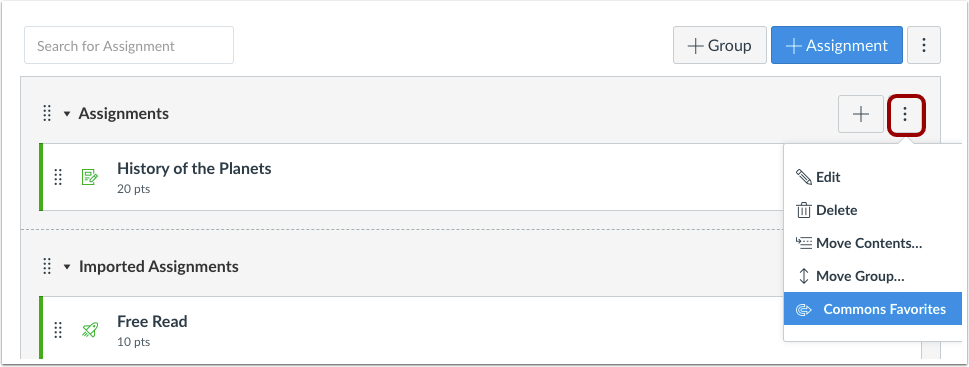 Screenshot of the Assignments page showing "Commons Favorites" in the options menu specific to the "Assignments" assignment group.