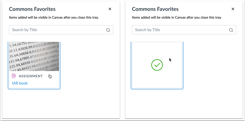 Screenshot displaying previously favorited Commons content (on the left) and selecting a content item to import (on the right).