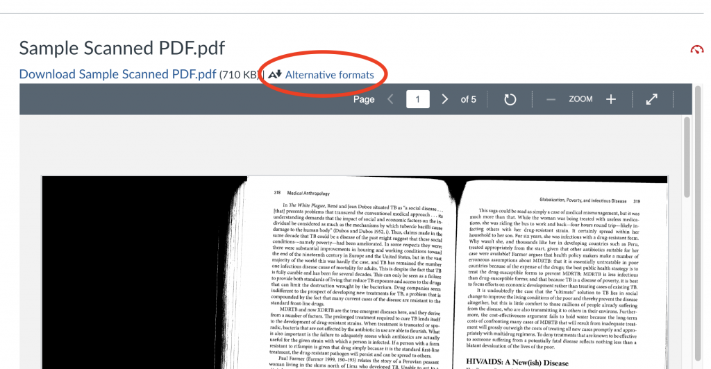 Canvas file page for Sample Scanned PDF, showing Alternative Formats icon and clickable link above preview of file