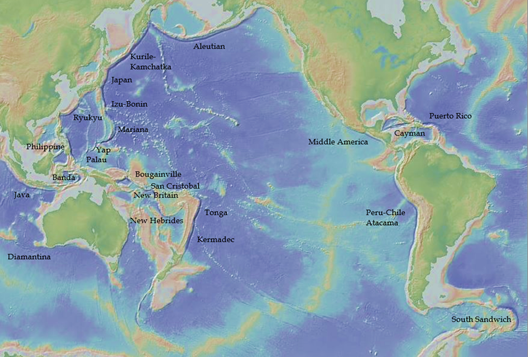 Map of the world showing the locations of deep-sea trenches, mostly around the Pacific ocean.