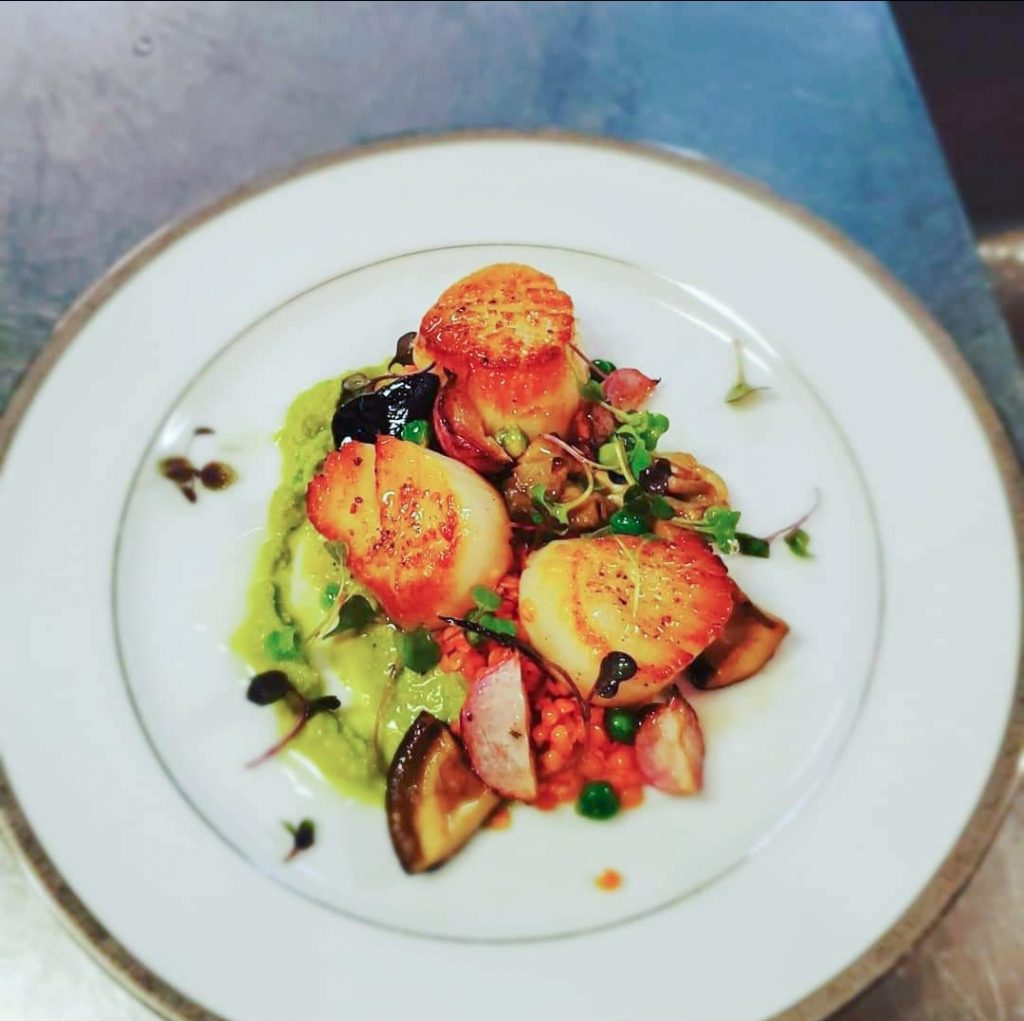 Pan Seared Diver Scallops with Roasted Root Vegetables, Mushrooms, and Mint and Pea Puree