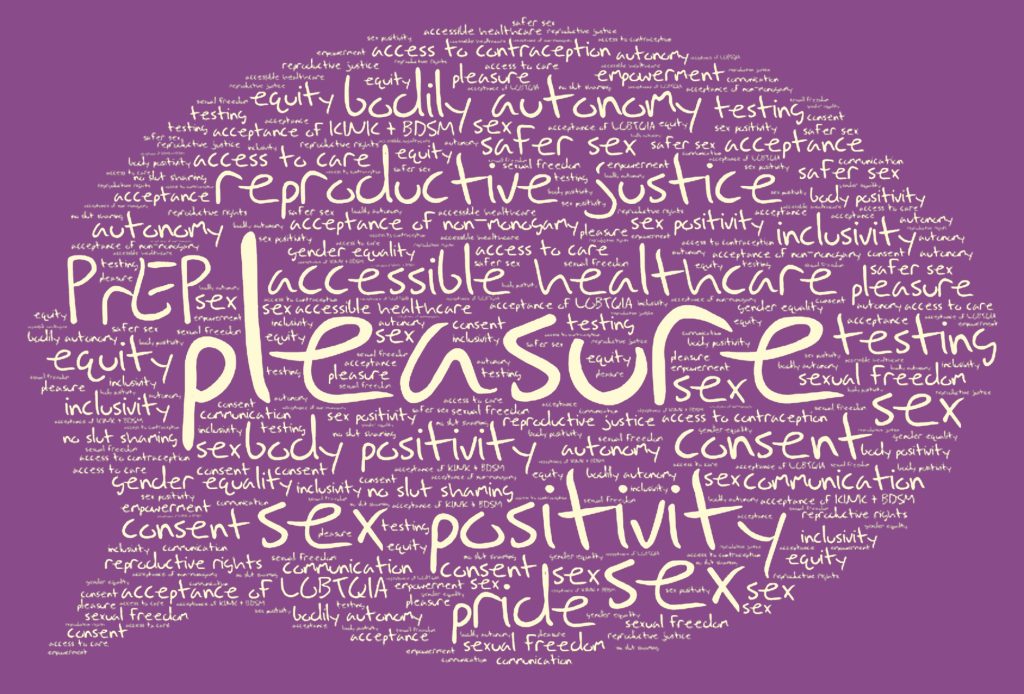 Word cloud of common phrases associated with sex such as pleasure, sex positivity, safer sex, and PReP